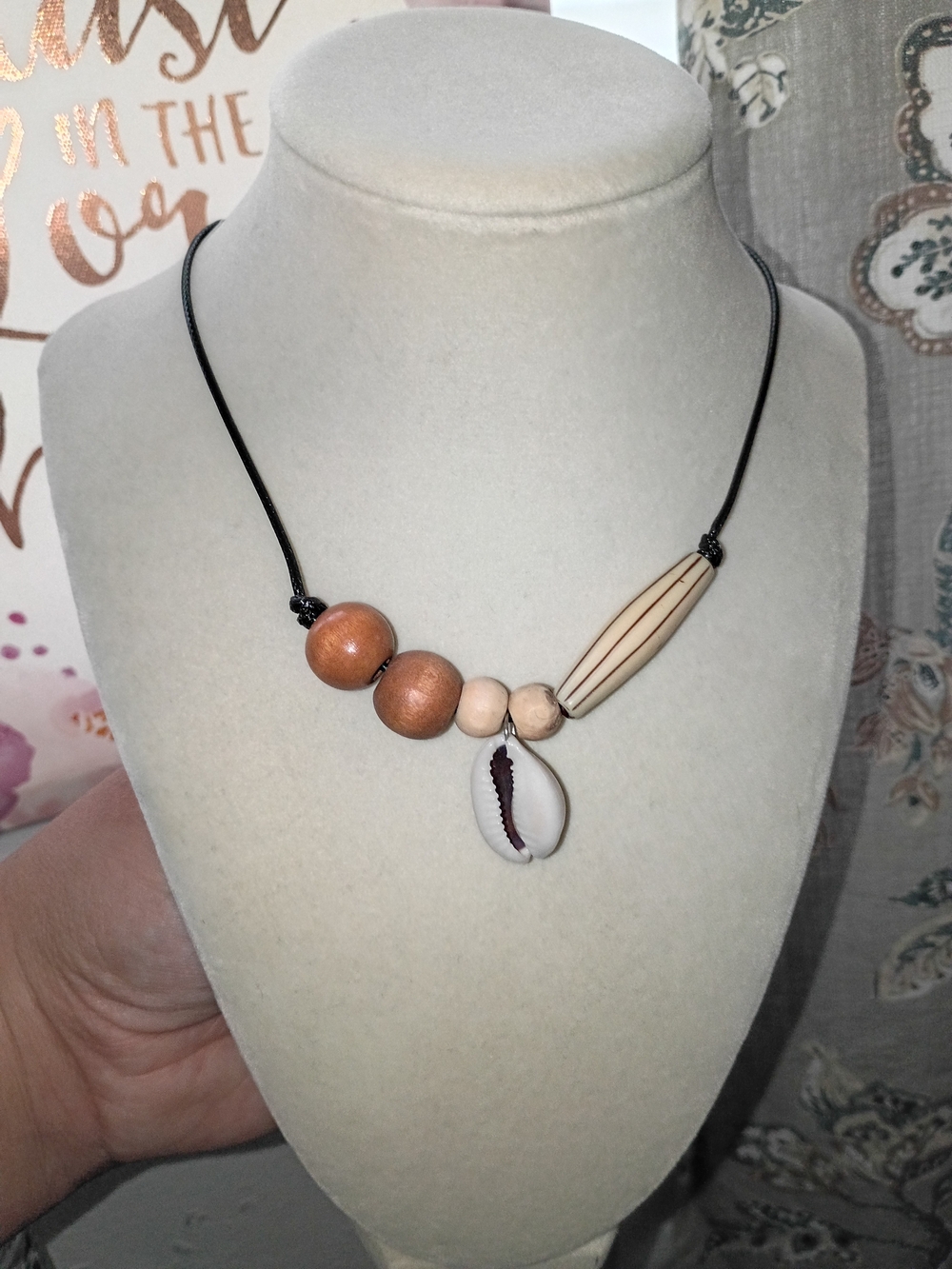Handmade Cowrie & Wood Bead Necklace - Natural Cream and Tan